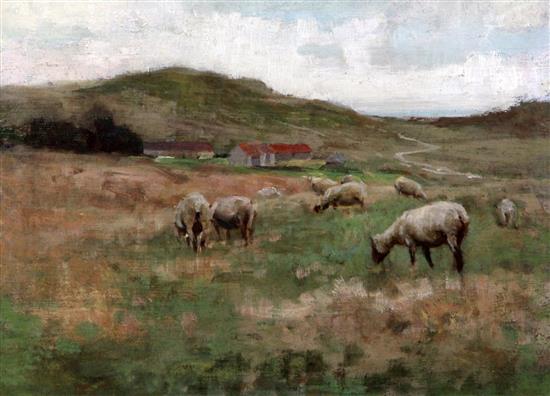 Edward Stott (1859-1918) Sheep in pasture 9.5 x 12.5in.